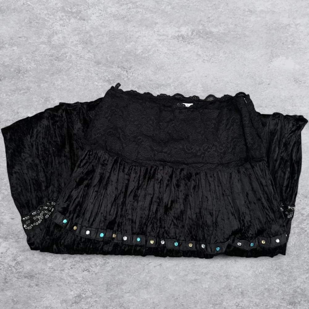 Connection 18 Black Crushed Velvet Lace Waist Midi Skirt Rhinestone Sequin XL - Picture 8 of 8